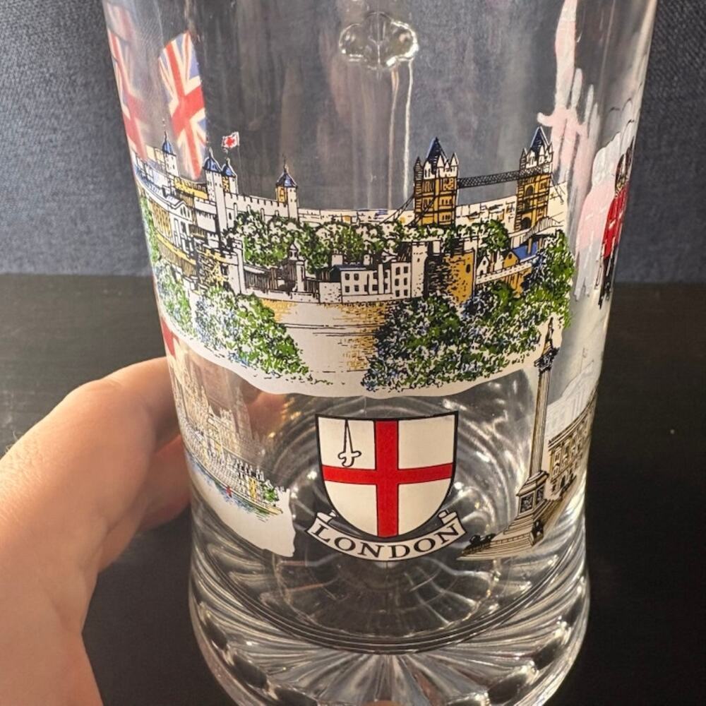 Clear Glass Gold-Rimmed Beer Stein Pint London British Scenes Heavy Bottom - Picture 9 of 10
